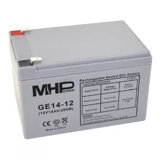 MHPower GE14-12 Gél akkumulátor 12V/14Ah, Faston F2 - 6,3mm, mélyciklusú akkumulátor