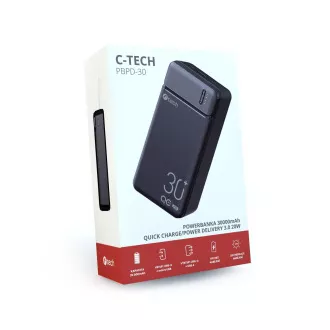 Powerbank C-tech 30000mAh, Li-Pol, 20W, USB-C/USB-A/mikro USB