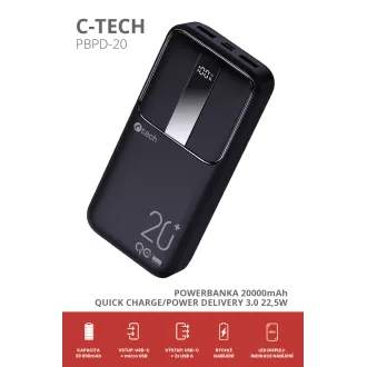 Powerbank C-tech 20000mAh, Li-Pol, 22,5W, USB-C/USB-A/mikro USB Powerbank C-tech 20000mAh, Li-Pol, 22,5W, USB-C/USB-A/mikro USB