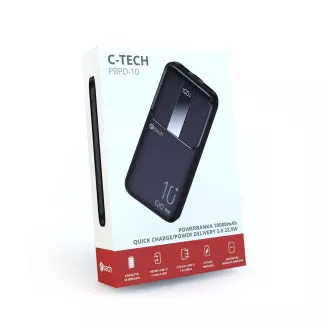 Powerbank C-tech 10000mAh, Li-Pol, 22,5W, USB-C/USB-A/mikro USB