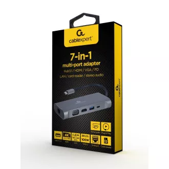 Gembird USB-C 7v1 többportos USB 3.0 HDMI VGA PD kártyaolvasó sztereó audio Gembird USB-C 7v1 többportos USB 3.0 HDMI VGA PD kártyaolvasó sztereó audio