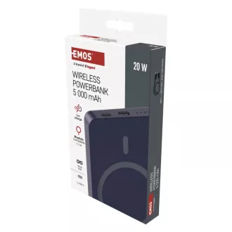 EMOS POWERBANK WI 522, vezeték nélküli töltés 20W, 5.000mAh, KÉK, 1xUSB-C