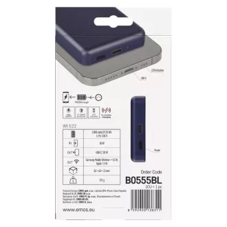 EMOS POWERBANK WI 522, vezeték nélküli töltés 20W, 5.000mAh, KÉK, 1xUSB-C