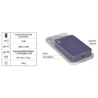 EMOS POWERBANK WI 1046, vezeték nélküli töltés 20W, 10.000mAh, KÉK, 1xUSB-C