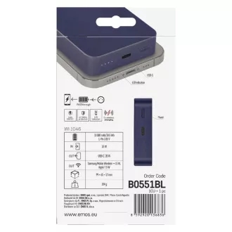EMOS POWERBANK WI 1046, vezeték nélküli töltés 20W, 10.000mAh, KÉK, 1xUSB-C