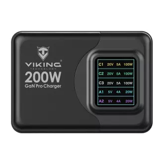 Viking USB GaN töltő 200W PD PRO/hálózati adapter/kimenet: 3xUSB-C,2xUSB-A/gyors töltés/