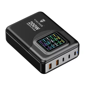 Viking USB GaN töltő 200W PD PRO/hálózati adapter/kimenet: 3xUSB-C,2xUSB-A/gyors töltés/