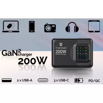 Viking USB GaN töltő 200W PD PRO/hálózati adapter/kimenet: 3xUSB-C,2xUSB-A/gyors töltés/