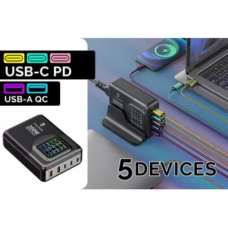 Viking USB GaN töltő 200W PD PRO/hálózati adapter/kimenet: 3xUSB-C,2xUSB-A/gyors töltés/