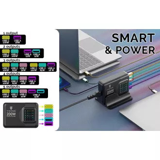 Viking USB GaN töltő 200W PD PRO/hálózati adapter/kimenet: 3xUSB-C,2xUSB-A/gyors töltés/