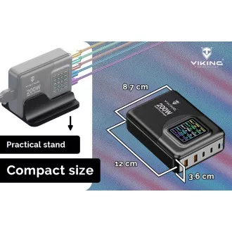 Viking USB GaN töltő 200W PD PRO/hálózati adapter/kimenet: 3xUSB-C,2xUSB-A/gyors töltés/