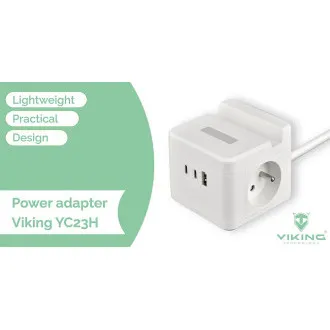 Tápegység VIKING YC23H, fehér/Kimenet:2xAC,1xUSB-A,2xUSB-C/Mobil tartó/LED fény/1,4m kábel Tápegység VIKING YC23H, fehér/Kimenet:2xAC,1xUSB-A,2xUSB-C/Mobil tartó/LED fény/1,4m kábel