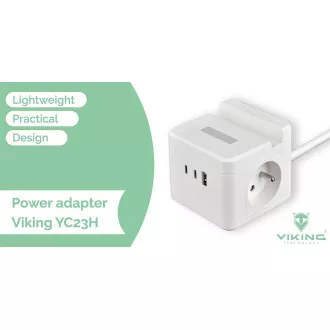 Tápegység VIKING YC23H, fekete/Kimenet:2xAC,1xUSB-A,2xUSB-C/Mobil tartó/LED fény/1,4m kábel