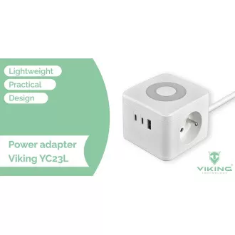Tápegység VIKING YC23L, fehér/kimenet:2xAC,1xUSB-A,2xUSB-C/érintkezési fény/1,4m kábel