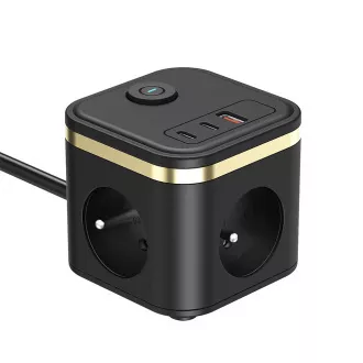 Tápegység VIKING YC33, fekete/kimenet:3xAC, 1xUSB-A,2xUSB-C/On/Off gomb/1,4m kábel