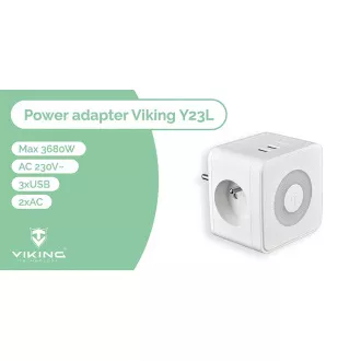 Tápegység VIKING Y23L, fehér/kimenet:2xAC,1xUSB-A,2xUSB-C/érintkező LED fény