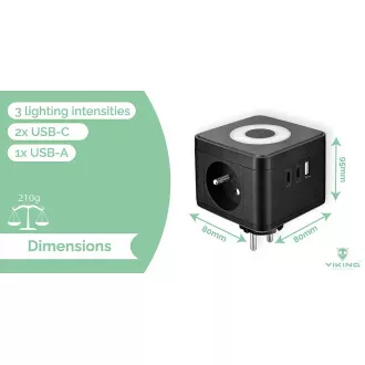 Tápegység VIKING Y23L, fehér/kimenet:2xAC,1xUSB-A,2xUSB-C/érintkező LED fény