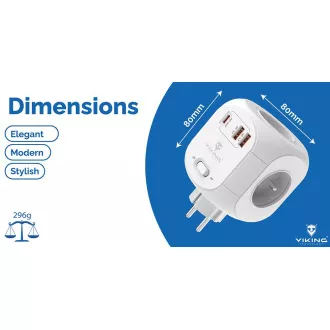 Viking AC43 hálózati adapter/kimenet: 4xAC, 2xUSB-A, 1xUSB-C/ 3500W-ig terjedő teljesítmény/ ON/OFF gomb