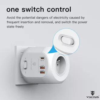 Viking AC43 hálózati adapter/kimenet: 4xAC, 2xUSB-A, 1xUSB-C/ 3500W-ig terjedő teljesítmény/ ON/OFF gomb