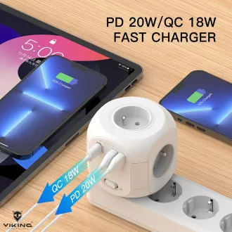 Viking AC43 hálózati adapter/kimenet: 4xAC, 2xUSB-A, 1xUSB-C/ 3500W-ig terjedő teljesítmény/ ON/OFF gomb