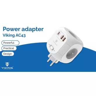 Viking AC43 hálózati adapter/kimenet: 4xAC, 2xUSB-A, 1xUSB-C/ 3500W-ig terjedő teljesítmény/ ON/OFF gomb