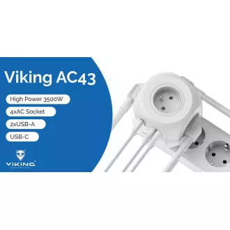 Viking AC43 hálózati adapter/kimenet: 4xAC, 2xUSB-A, 1xUSB-C/ 3500W-ig terjedő teljesítmény/ ON/OFF gomb