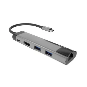 Natec multiport adapter FOWLER GO HUB 5in1, 2X USB 3.0 HUB, HDMI 4K, USB-C PD, RJ45