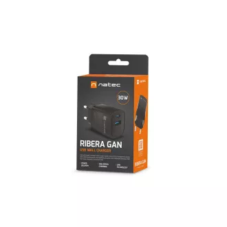 Univerzális USB-töltő Natec RIBERA GaN 30 W, 1X USB-A, 1X USB-C, fekete színű