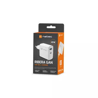 Univerzális USB töltő Natec RIBERA GaN 45W, 1X USB-A, 1X USB-C, fehér