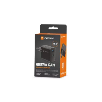 Univerzális USB töltő Natec RIBERA GaN 45W, 1X USB-A, 1X USB-C, fekete