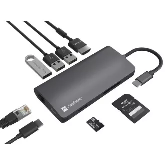 Natec multiport adapter FOWLER 2 3X USB 3.0 HUB, HDMI 4K, USB-C, RJ45, SD, MICRO SD