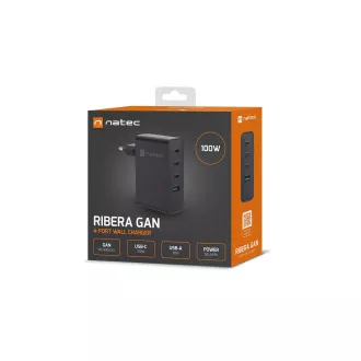 Univerzális USB töltő Natec GaN 100W, 3X USB-C, 1X USB-A, Fekete