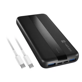 Power bank Natec TREVI SLIM Q V2 10000mAh, 2X USB-A 18W, 1X USB-C 20W, USB-C - USB0-C kábel, fekete színű