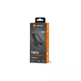 Power bank Natec TREVI SLIM Q V2 10000mAh, 2X USB-A 18W, 1X USB-C 20W, USB-C - USB0-C kábel, fekete színű