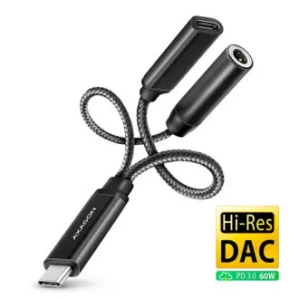AXAGON ADA-HCPD, USB-C 3,5 mm-es jack csatlakozóra - Hi-Res DAC audio adapter, 384 kHz/32 bit, sztereó, PD 60W 3A