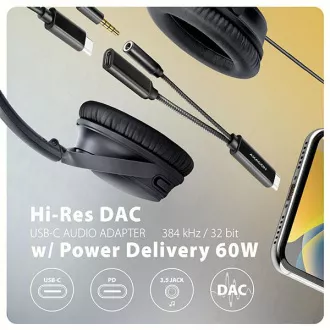 AXAGON ADA-HCPD, USB-C 3,5 mm-es jack csatlakozóra - Hi-Res DAC audio adapter, 384 kHz/32 bit, sztereó, PD 60W 3A