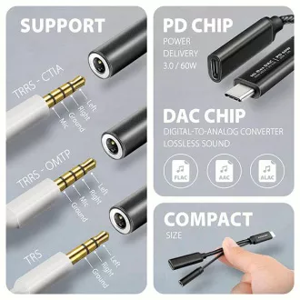 AXAGON ADA-HCPD, USB-C 3,5 mm-es jack csatlakozóra - Hi-Res DAC audio adapter, 384 kHz/32 bit, sztereó, PD 60W 3A