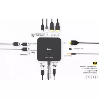 i-tec USB-C DP Dual HDMI dokkolóállomás, Power Delivery 100W