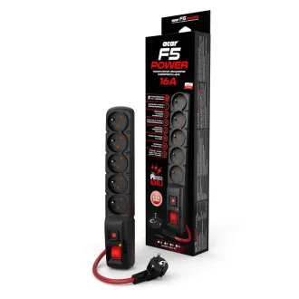 Acar F5 1,5m kábel, 5 aljzat, túlfeszültségvédő, max. áram 16A, fekete Acar F5 1,5m kábel, 5 aljzat, túlfeszültségvédő, max. áram 16A, fekete