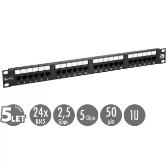 19"-os Solarix patch panel 24 x RJ45 CAT5E UTP 150 MHz fekete 1U SX24-5E-UTP-BK SX24-5E-UTP-BK