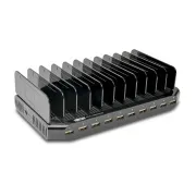 USB töltőállomás tárolóhellyel, kimenet 10x 12V, 8A, 96W, Schuko tápkábellel