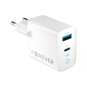 Gyorstöltő Forever GaN TC-06-45AC GaN PD QC 1x USB-C 1x USB 45W fehér Gyorstöltő Forever GaN TC-06-45AC GaN PD QC 1x USB-C 1x USB 45W fehér