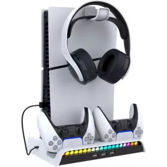 iPega P5S006 Többfunkciós újratölthető RGB állvány hűtéssel a PS5 Slim fehér színhez