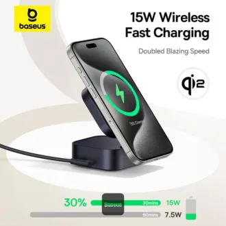 Baseus mágneses vezeték nélküli töltőállvány PicoGo sorozat 2in1 Qi2 67W Fekete