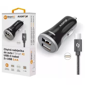 ALIGATOR intelligens autós töltő 3.4A, 2xUSB, intelligens IC, fekete, USB-C kábellel