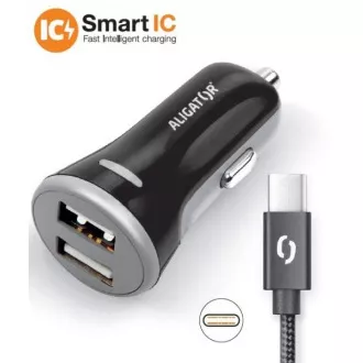 ALIGATOR intelligens autós töltő 3.4A, 2xUSB, intelligens IC, fekete, USB-C kábellel