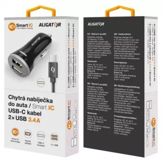 ALIGATOR intelligens autós töltő 3.4A, 2xUSB, intelligens IC, fekete, USB-C kábellel