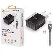 ALIGATOR 3.4A intelligens hálózati töltő, 2xUSB, intelligens IC, fekete, kábel iPhone/iPad 2A