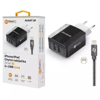ALIGATOR 3.4A intelligens hálózati töltő, 2xUSB, intelligens IC, fekete, kábel iPhone/iPad 2A