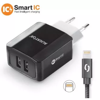 ALIGATOR 3.4A intelligens hálózati töltő, 2xUSB, intelligens IC, fekete, kábel iPhone/iPad 2A